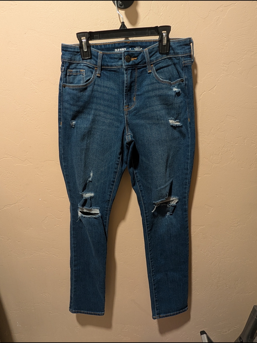 EUC Old Navy Women's Dark Distressed Mid-Rise Skinny Power Slim Straight Jeans 2